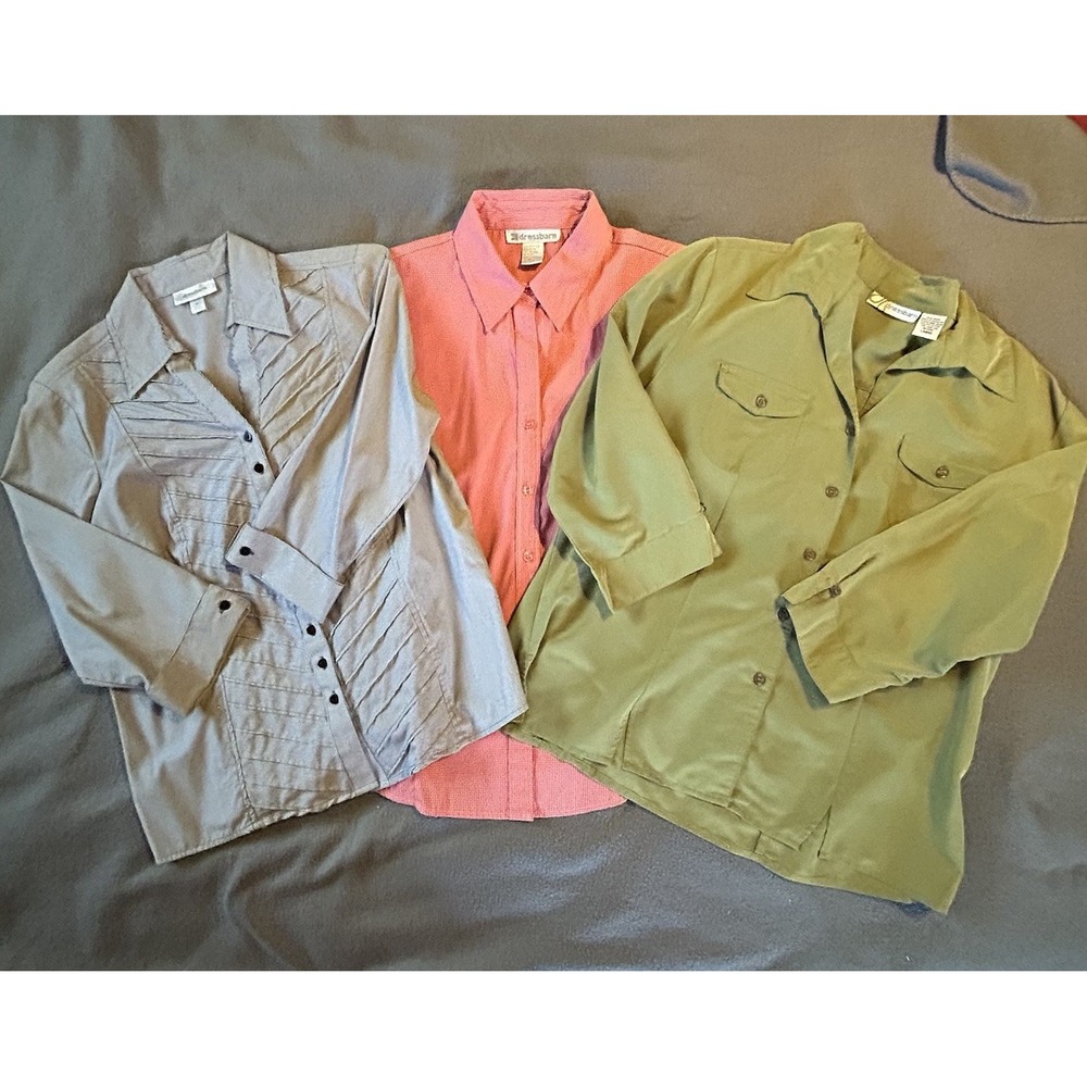 Dressbarn Woman Blouse Peach Black Green Collared Buttoned Down Top Lot 3 Sz M L